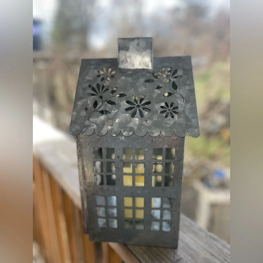 Metal House Candle Lantern Light with 'Happy Spring' Cutout